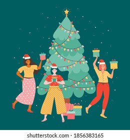 Happy female friends to celebrate the new year or Christmas. Positive women in Santa hats hold a pile of gift boxes against the background of a Christmas tree. New year party. Vector flat illustration