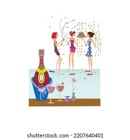 Happy female Friends celebrating birthday with wine at home together, chatting, laughing, having fun.