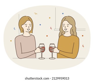 Happy female Friends celebrating with wine at home together, chatting, laughing, having fun. Leisure, celebration, event, positive lifestyle concept. Hand drawn cartoon character vector illustrations.