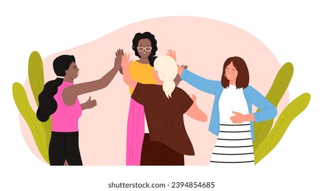 Happy female friends give high five together vector illustration. Cartoon team of young women with joy showing positive gesture of trust and support, friendship and sisterhood, meeting of girlfriends