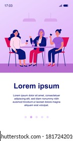 Happy female friends hanging out in cafe. Cheerful women sitting at table, talking, laughing, drinking wine. Vector illustration for communication, friendship, friendly meeting concept