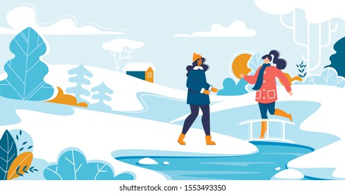 Happy Female Friends Meeting on Walk in Natural Snowy Park. Young Women Wearing Warm Trendy Outfit. Girl Crossing Bridge through River. Holidays Activities Outdoors. Vector Flat Illustration