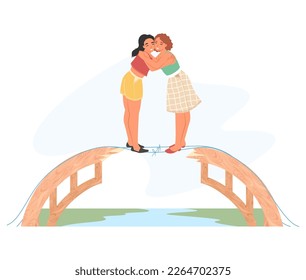 Happy female friends reconciliation gesture flat vector. Young woman standing on bridge and hugging illustration. Friendship, communication, love and trust concept