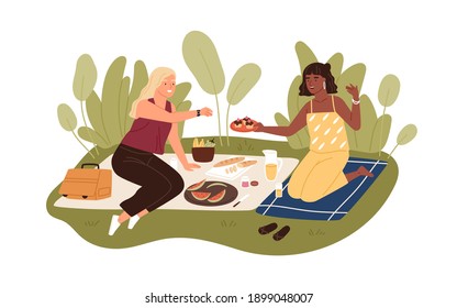 Happy female friends relaxing on picnic blanket in summer. Two women spending leisure time together outdoors. People enjoying food at summertime in nature. Flat vector illustration isolated on white