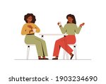 Happy female friends rest in the cafe and talk about something. Two black women spending time together at coffee break. Flat vector illustration isolated on white background