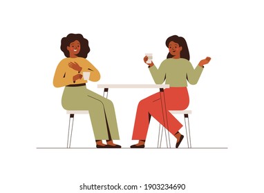 Happy female friends rest in the cafe and talk about something. Two black women spending time together at coffee break. Flat vector illustration isolated on white background