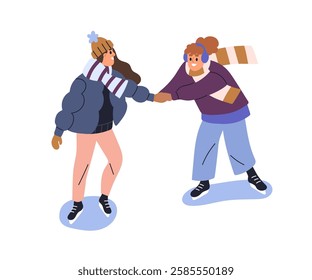 Happy female friends skating. Young ice skaters, girls during winter leisure activity. Smiling women sliding on rink for first time, learning. Flat vector illustration isolated on white background