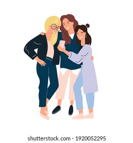 Happy female friends together vector flat illustration. Group of smiling woman enjoying friendship, support and cooperation isolated. Funny people demonstrate unity