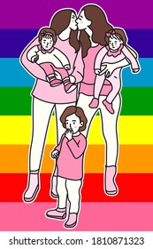 Happy female gay couple with children. Homosexual parents with kids. Non-traditional family. LGBT. Lesbians.