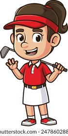 Happy female golfer waving vector illustration