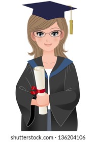 Happy female graduate in academic dress holding diploma. File contains Gradients, Blending tool and Transparency.