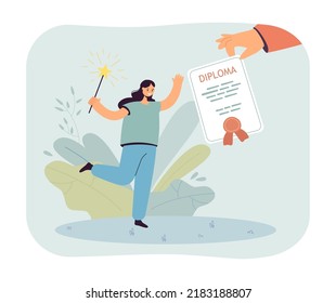 Happy Female Graduate Student And Hand Holding Diploma. Girl Graduating From University Or College Flat Vector Illustration. Graduation, Education, Achievement Concept For Banner Or Landing Web Page