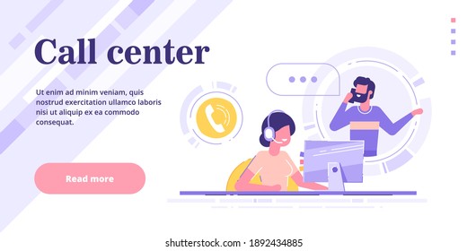 Happy female helpline operator with headset consulting a client. Customer service hotline web banner or landing page. Global technical support 24 7. Consultant and customer. Vector banner.