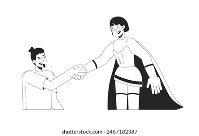 Happy female hero helping caucasian man black and white 2D line cartoon characters. Woman superhero holding male hand isolated vector outline people. Support monochromatic flat spot illustration