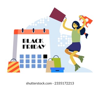 Happy female holding shopping bags and jumping. Happy shopping. Large purchases at reduced prices. Grand sale, Black Friday concept. Flat vector illustration in cartoon style