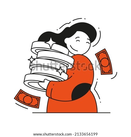 Happy female holding stack of coin currency cash money financial independence lottery win salary vector flat illustration. Rich woman carrying heap wealth earnings finance success banking investment