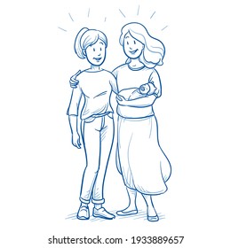 Happy female homosexual couple with a newborn baby. Cheerful alternative family concept. Hand drawn line art cartoon vector illustration.