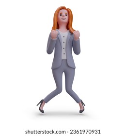 Happy female jumping and enjoying success at work. 3d realistic model of young employee in office clothes. Vector illustration in cartoon style in orange and gray colors