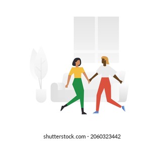 Happy female LGBT couple holding hands. Couple of lesbian women together in living room. Lesbian love concept. Vector minimalist flat illustration.