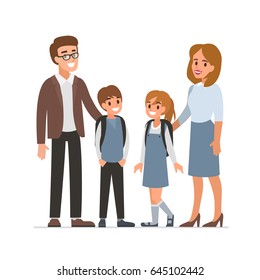 Happy female and male teachers with pupils.  Flat style vector illustration isolated on white background.