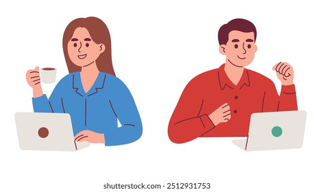 Happy Female and Male Worker Relaxing and Enjoying Coffee While Taking Break from Work in Office