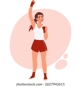 Happy female Muay Thai fighter raising her fist in victory. Young woman in sportswear smiling after winning. Flat vector illustration of success, motivation, and martial arts