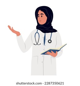 Happy female Muslim doctor is talking explaining something, gesturing with hand. A Muslim family doctor in a medical gown.