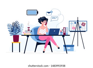 Happy female office worker with a fully charged battery. Successful businesswoman uses laptop, speaks on the phone sitting at the table. Vector illustration. Office work concept. Personal Assistant. 