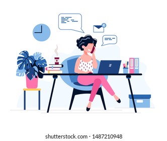 Happy female office worker. Successful businesswoman uses laptop, speaks on the phone sitting at the table. Vector illustration. Office work concept. Freelancer. Personal Assistant. Distance working.