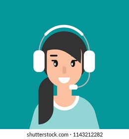 Happy female operator with headphones and microphone on blue background. flat vector illustration. girl with headset. consulting, job online, internet. Call center. help line.