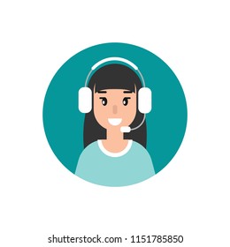 Happy female operator with headphones and microphone in blue circle. flat vector illustration isolated on white. girl with headset. consulting, job online, internet. Call center. help line.