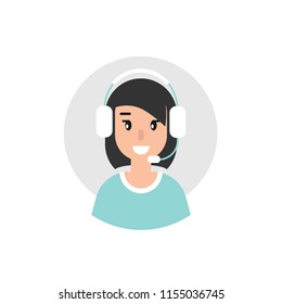 Happy female operator with headphones and microphone on grey circle. flat vector illustration isolated on white. girl with headset. consulting, job online, internet. Call center. help line.