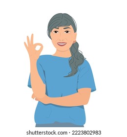 Happy female over 50. Woman showing gesture ok. Vector illustration