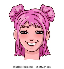 Happy female person head with pink hair. Vector illustration.