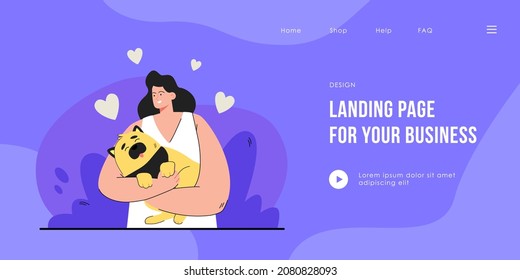 Happy female person holding dog in hands. Cartoon woman hugging cute puppy flat vector illustration. Hearts in background. Love, pet, owner concept for banner, website design or landing web page.