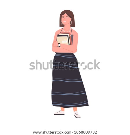 Happy female reader or book fan standing isolated on white background. Smiling woman with literature in anticipation of reading. Colorful flat vector illustration
