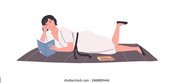 Happy female reader lying on rug with books at her leisure time. Smiling woman enjoying reading literature or preparing for exam. Colorful flat vector illustration isolated on white background
