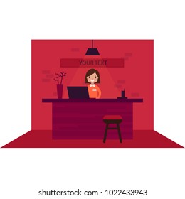 Happy female receptionist standing at hotel. Vector illustration. Flat design.