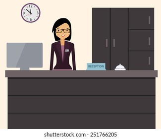 Happy female receptionist standing at hotel. Vector illustration