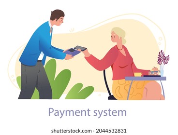 Happy female restaurant client is using her smartphone for cashless payment on white background. Modern digital payment application for smartphones and other gadgets. Flat cartoon vector illustration