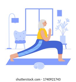 Happy female senior performs yoga exercise at home. Old or mature woman cartoon isolated character. Flat colorful vector illustration. Healthy lifestyle concept for posters and banners