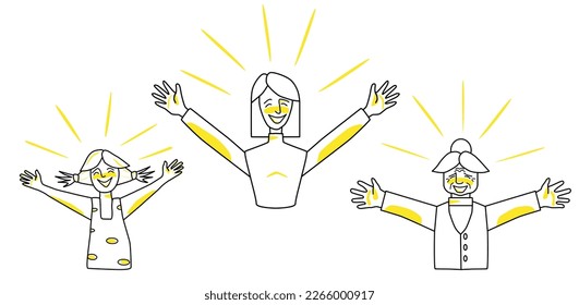 Happy female set. Young, adult and old women with emotion of happiness, smiling, open arms, joyful sun rays. Line art drawing human characters with yellow spots.