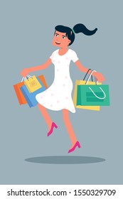 Happy female shopper jumping flat character. Cheerful young woman with shopping bags isolated. Store sales, consumerism. Joyful shopaholic with purchases, carefree buyer design element