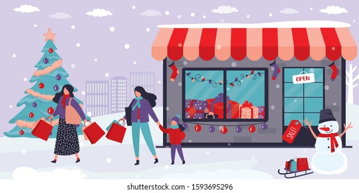 Happy female shoppers with purchases. Fashion women with shopping bags. Storefront, traditional christmas tree and funny snowman with sale label. Winter sale. Trendy flat vector illustration