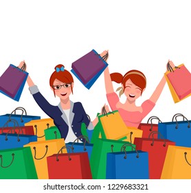 Happy female shopping customer holding shopping bags with white space for text in a background. Vector illustration.
