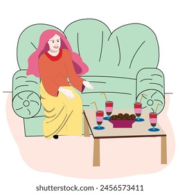 Happy female sitting on the couch and eating cookies; flat design with adult woman sitting