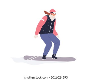 Happy weiblich Snowboarder Reiten Snowboard. Aktive Person rutscht auf Schneebrett. Bewegung des Lächelns aufgeregte Frau in sportlicher Winterausrüstung. Flache Vektorgrafik einzeln auf weißem Hintergrund