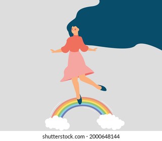 Happy female spreads positive vibe while walking on the rainbow with balance. Woman character smiles and enjoys her freedom. Body and mental health, Psychological care, Lifestyle concept. Vector.