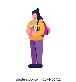 Happy female student with backpack and stack of books doodle icon vector illustration