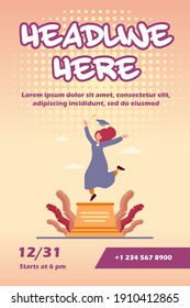 Happy female student celebrating graduation. Study, diploma, cap flat vector illustration. Education and knowledge concept for banner, website design or landing web page